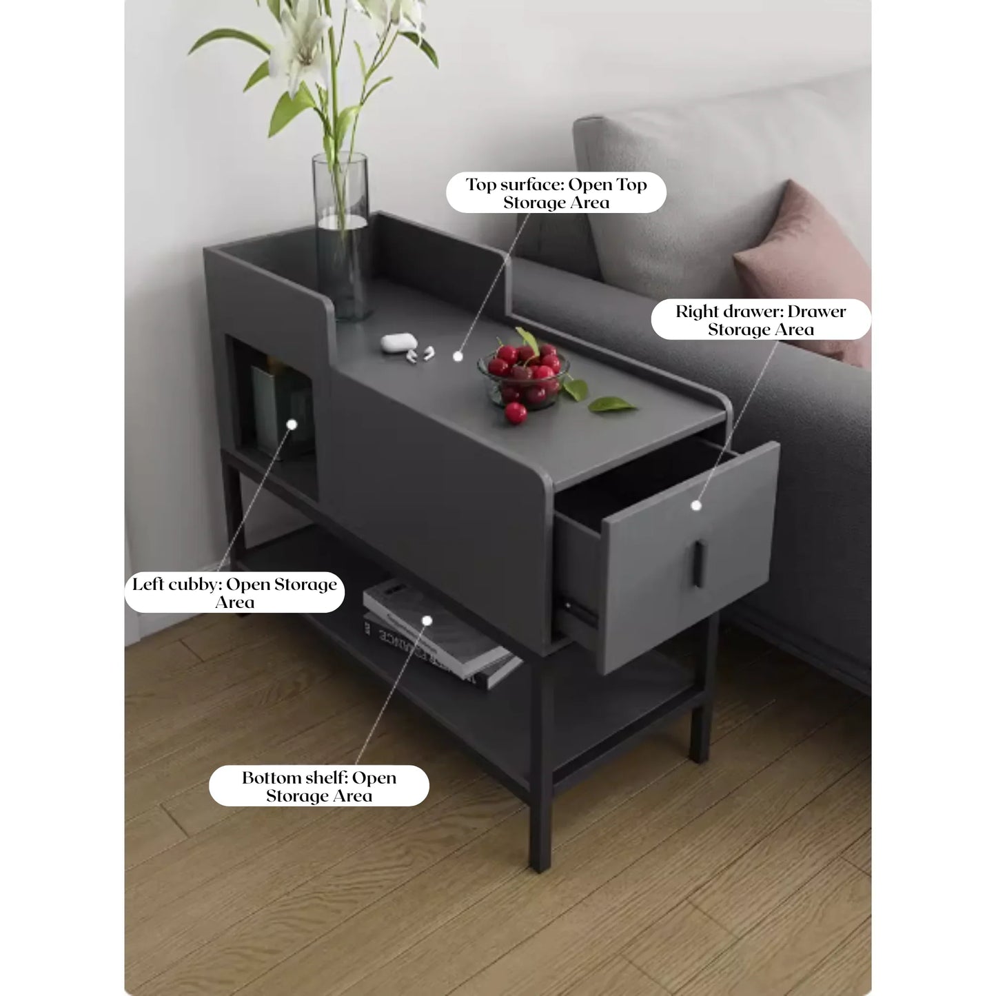 Modern dark grey side table with drawer and shelves