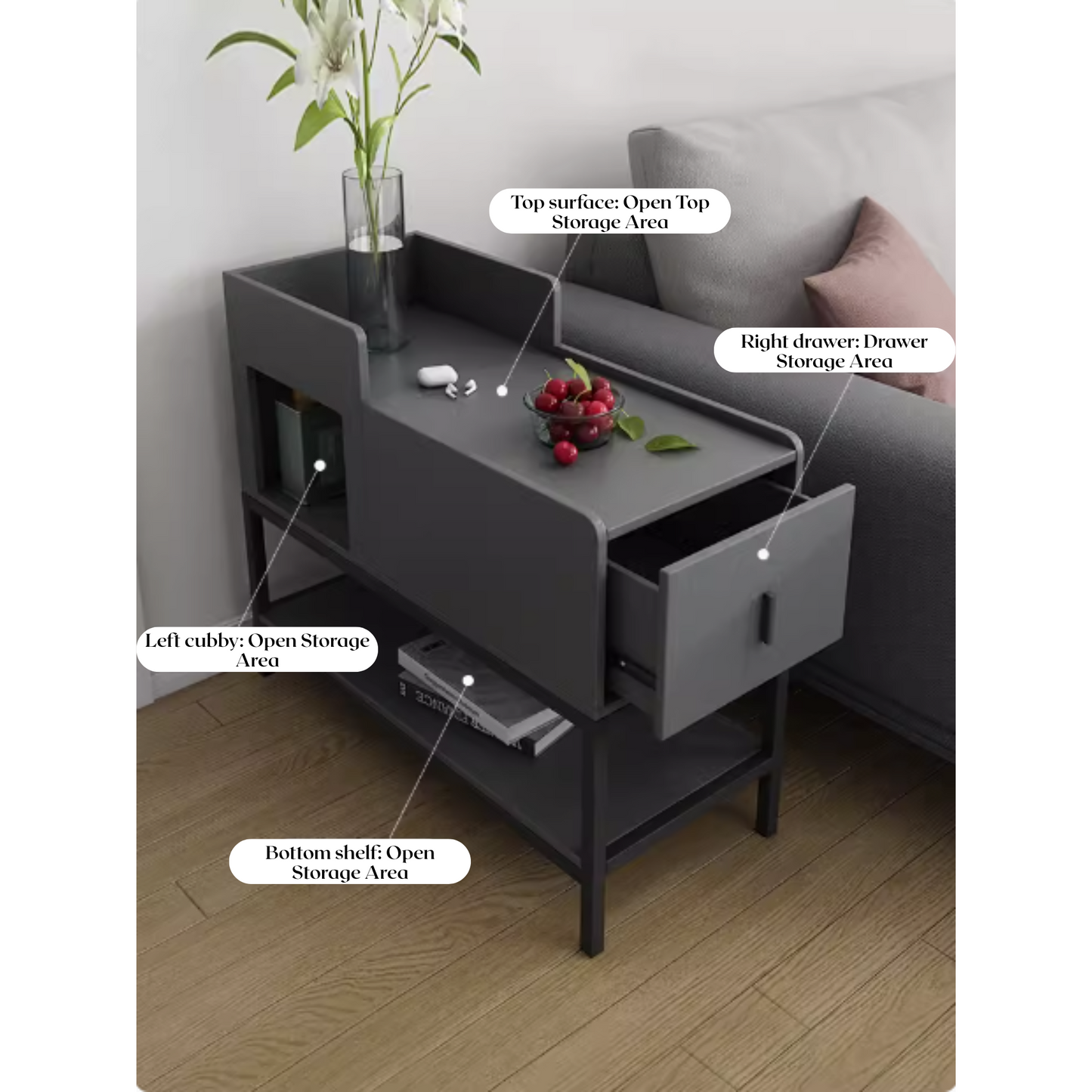 Modern dark grey side table with drawer and shelves