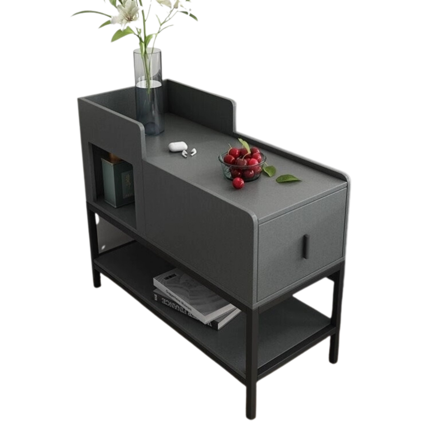Modern dark grey side table with drawer and shelves