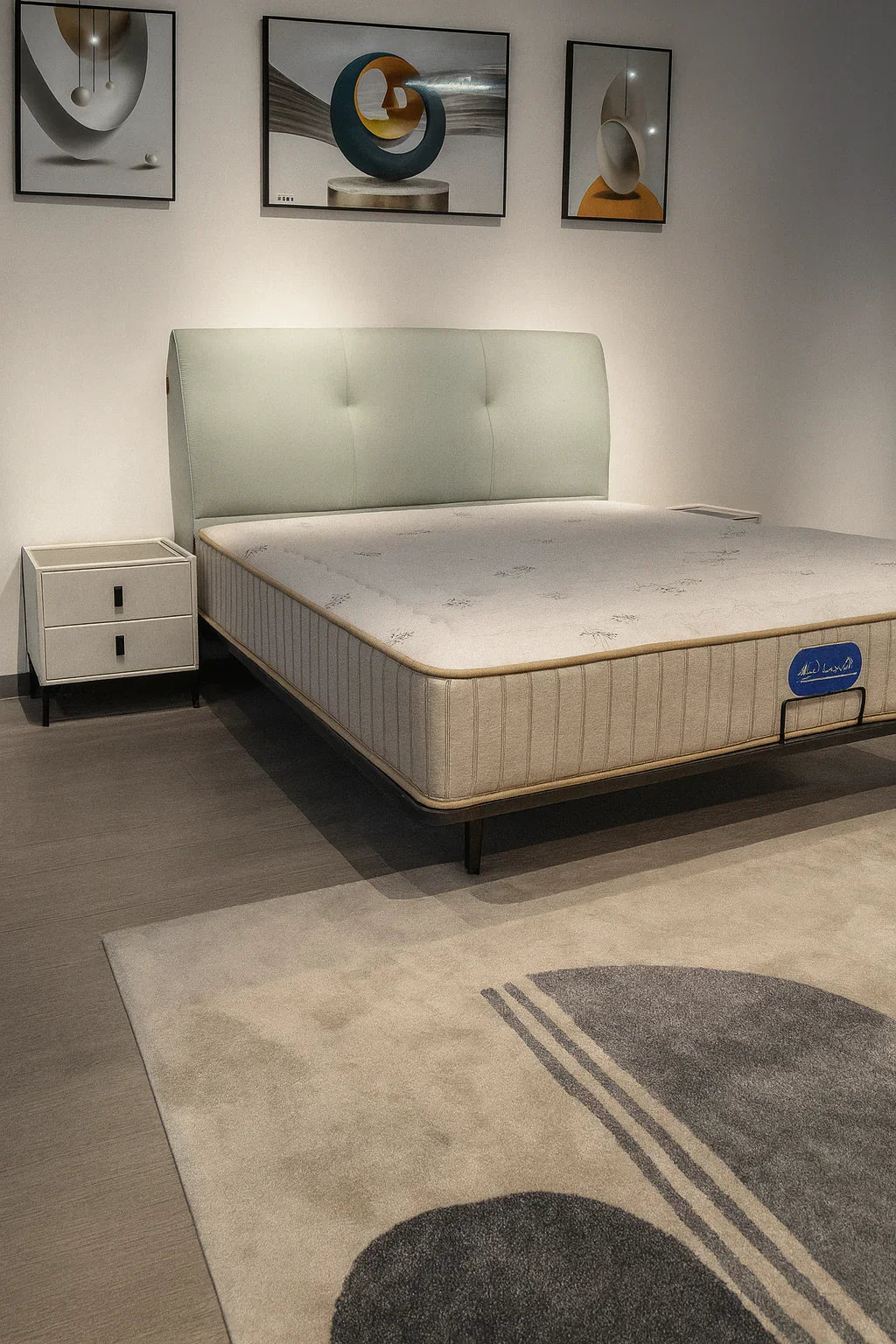 Modern pastel green upholstered bed with black legs