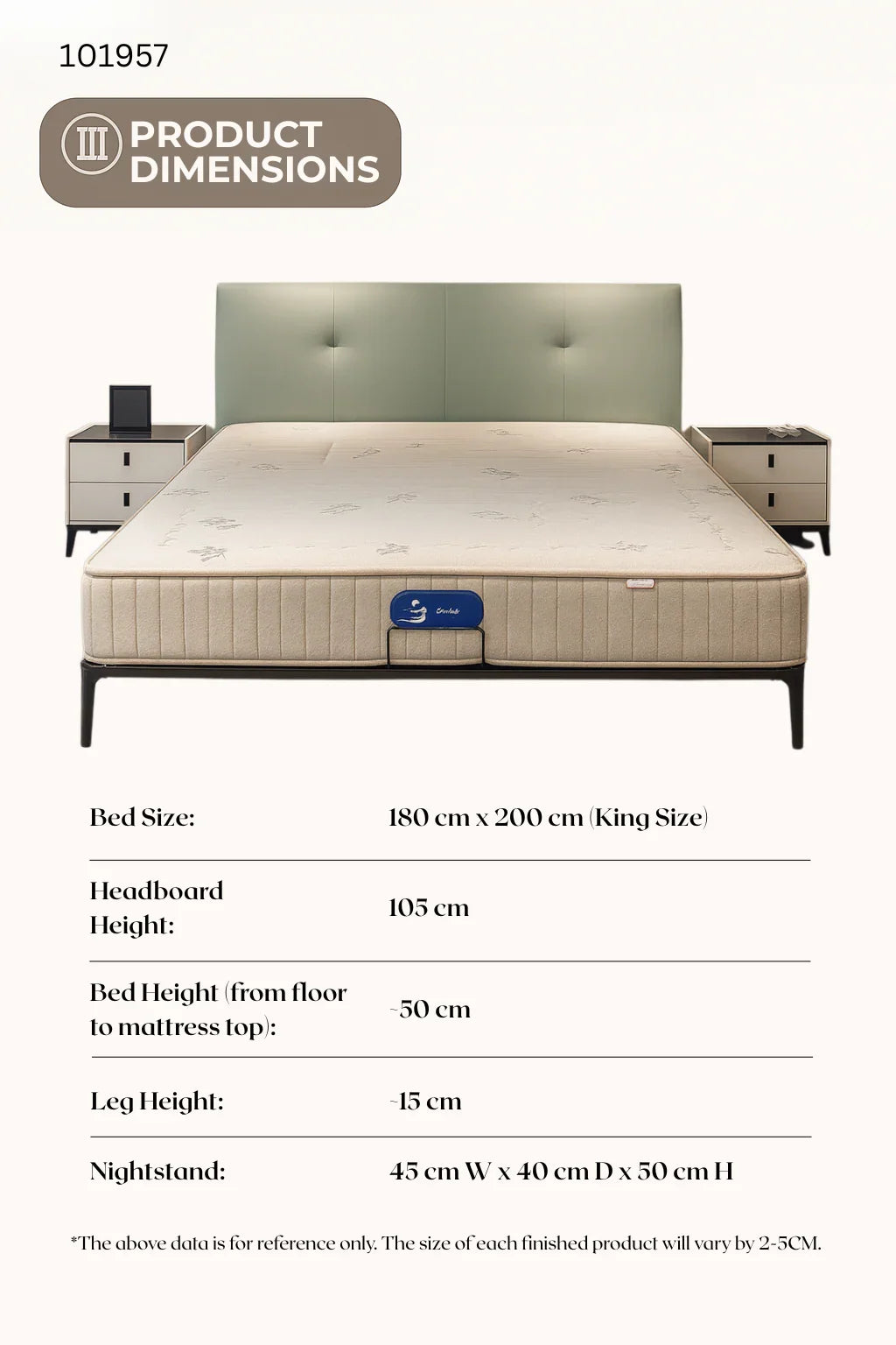 Modern pastel green upholstered bed with black legs