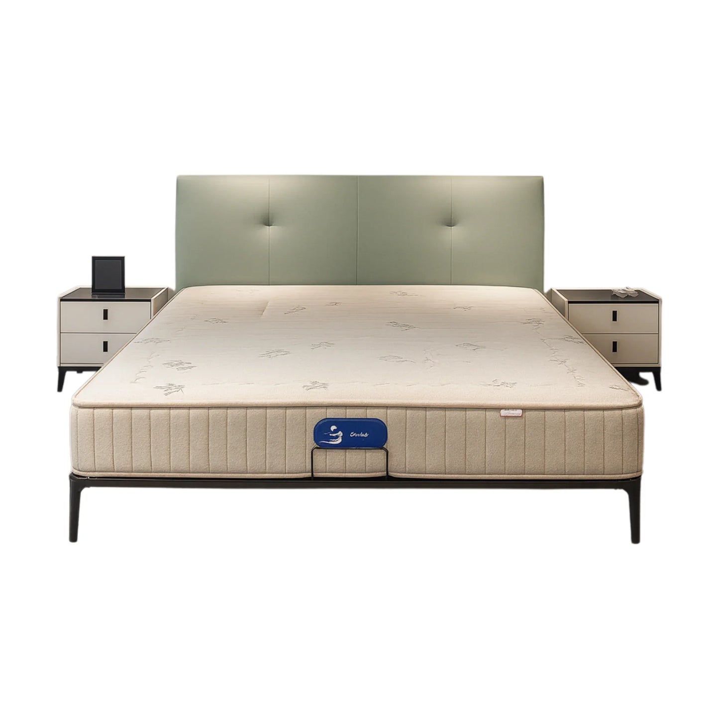 Modern pastel green upholstered bed with black legs