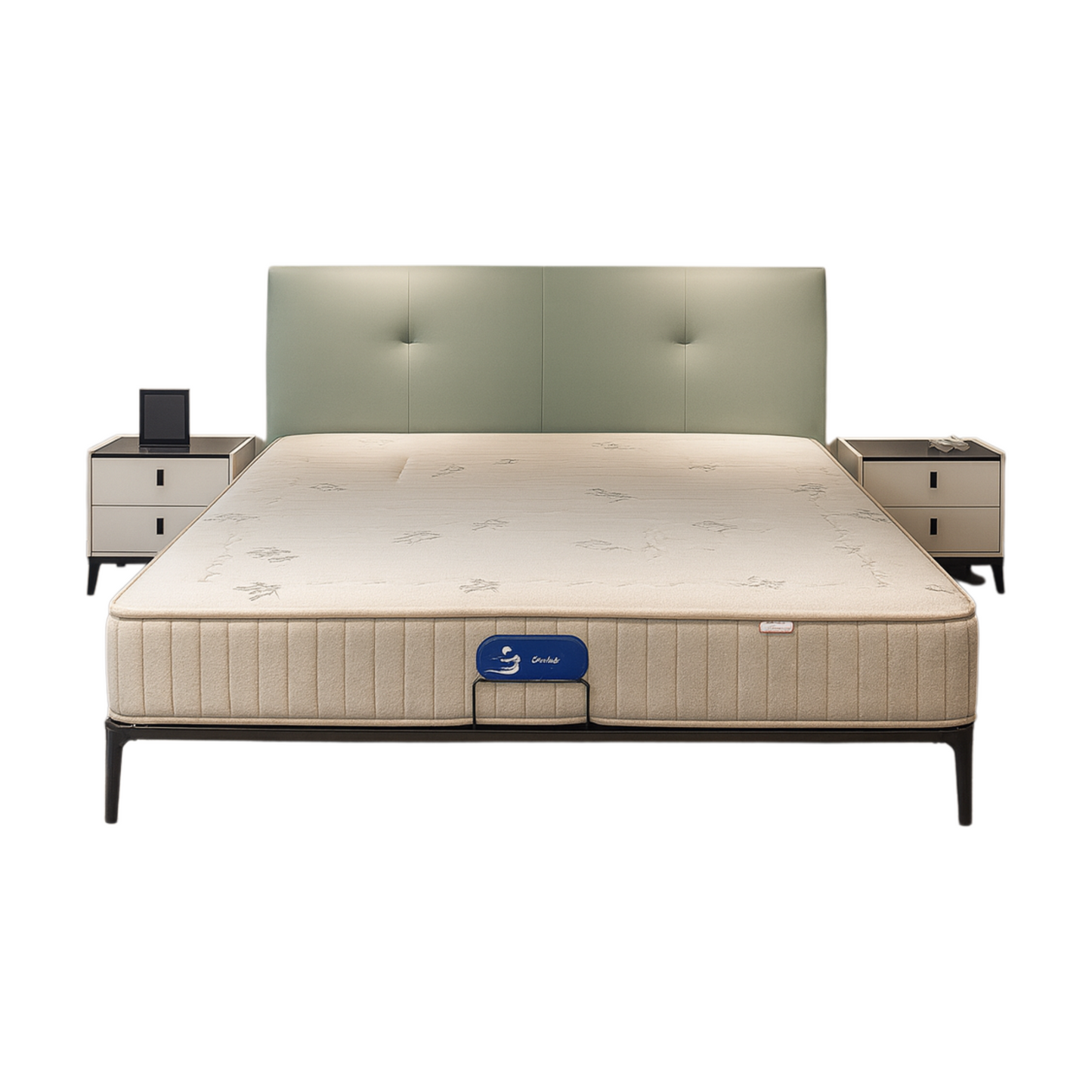 Modern pastel green upholstered bed with black legs