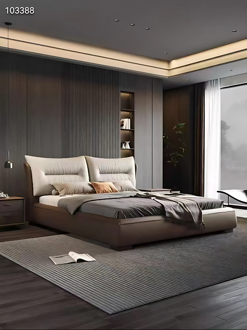 Modern Upholstered King Bed – Taupe & Walnut
