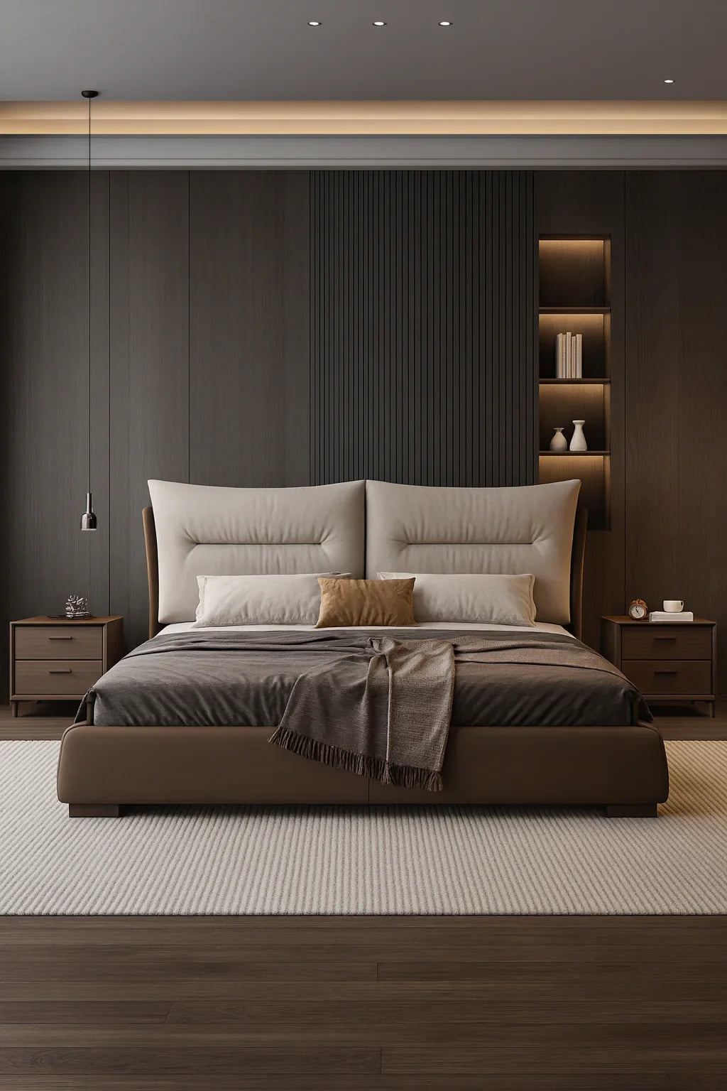 Modern Upholstered King Bed – Taupe & Walnut