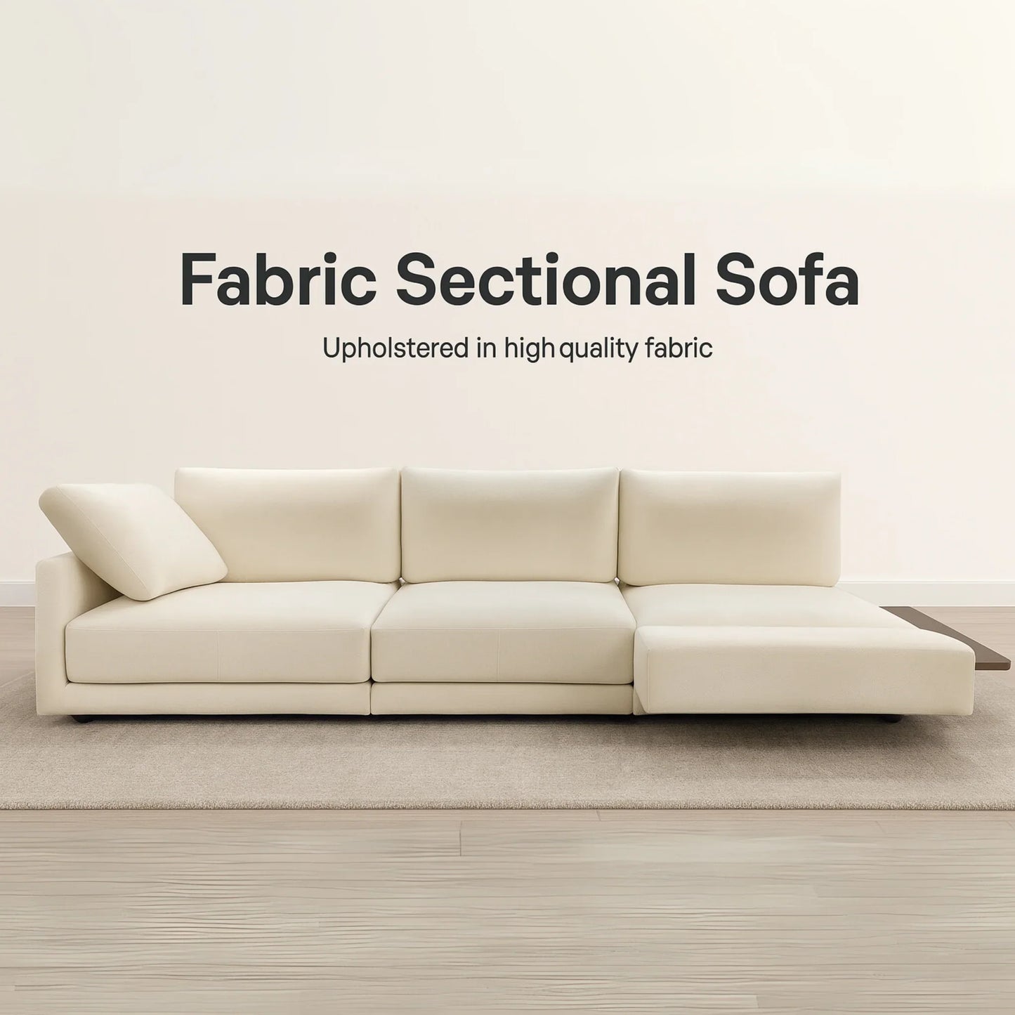 Beige sectional sofa on a plain background with text about fabric quality.