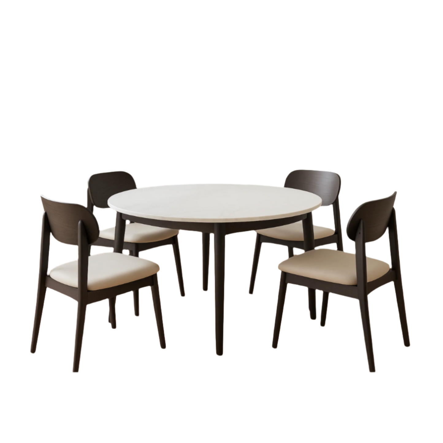 Round white table with four dark wooden chairs on a white background