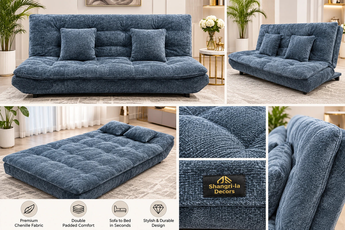 LuxeCloud Double-Padded Sofa Bed – Premium Fabric | Blue Grey
