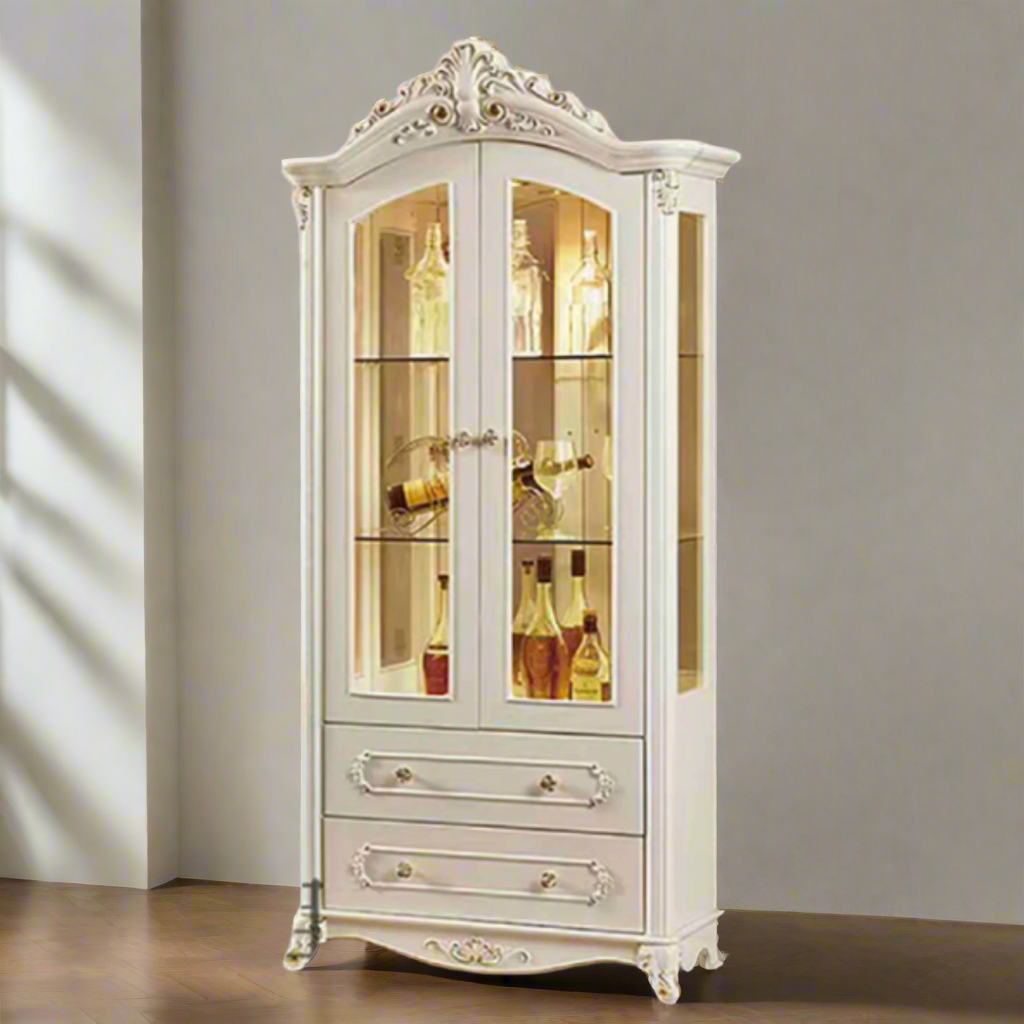 Victorian-Inspired Glass Display Cabinet with Ornate Carvings & Lighting