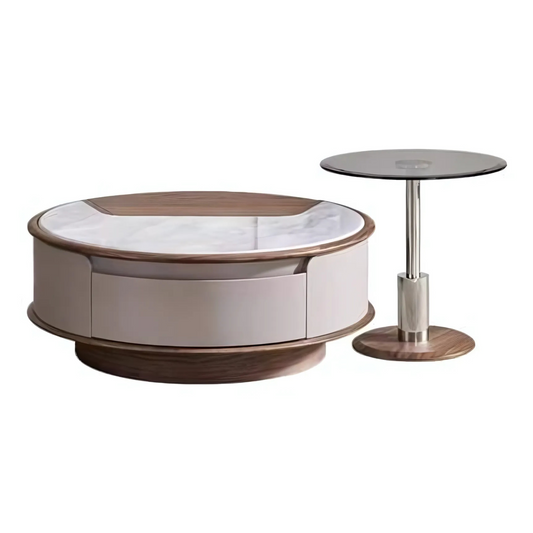 Round coffee table with a smaller side table on a white background