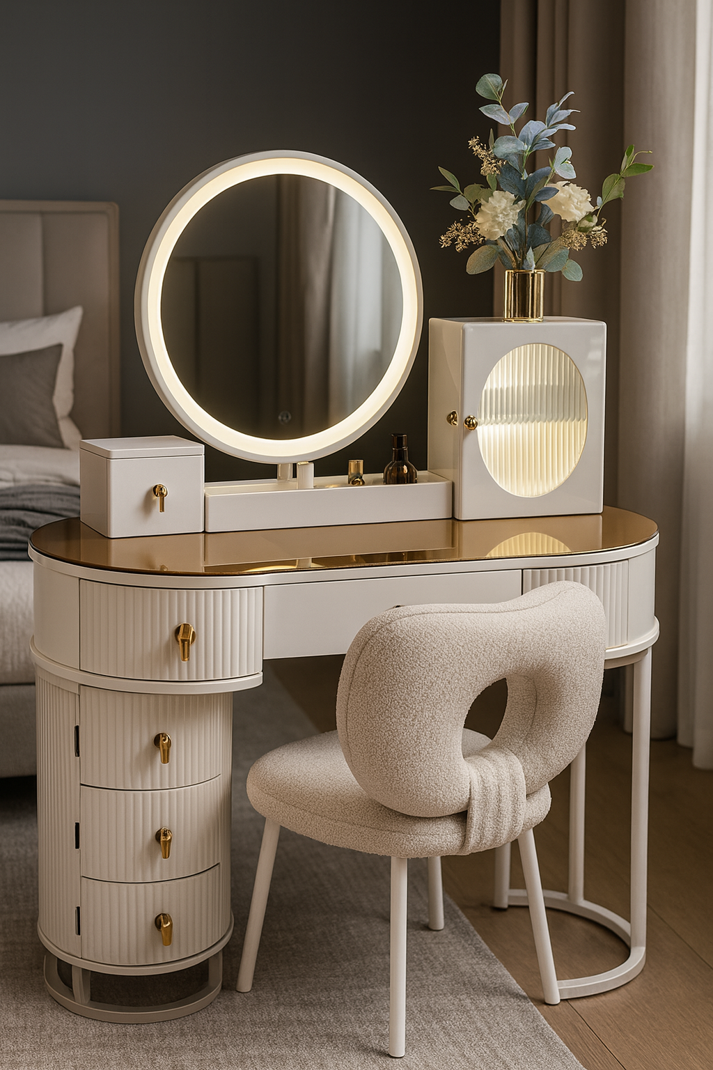 Premium Modern Vanity Desk with LED Mirror & Designer Chair