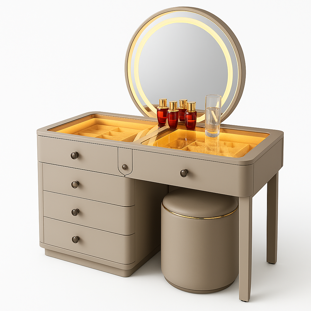 Aurora Taupe Vanity Desk with Oval LED Mirror & Glass Display