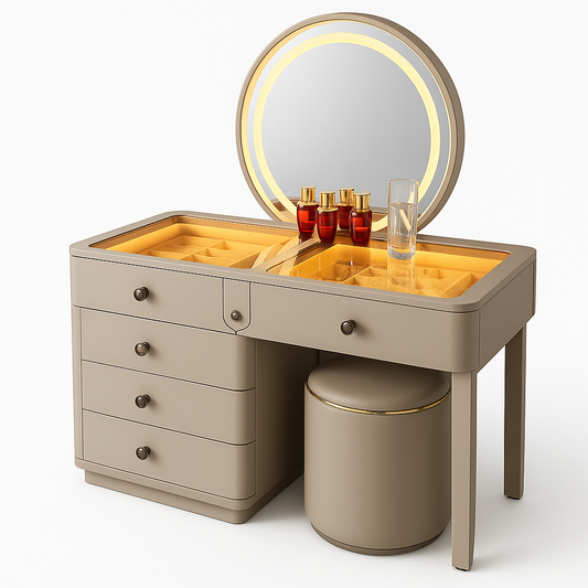 Aurora Taupe Vanity Desk with Oval LED Mirror & Glass Display