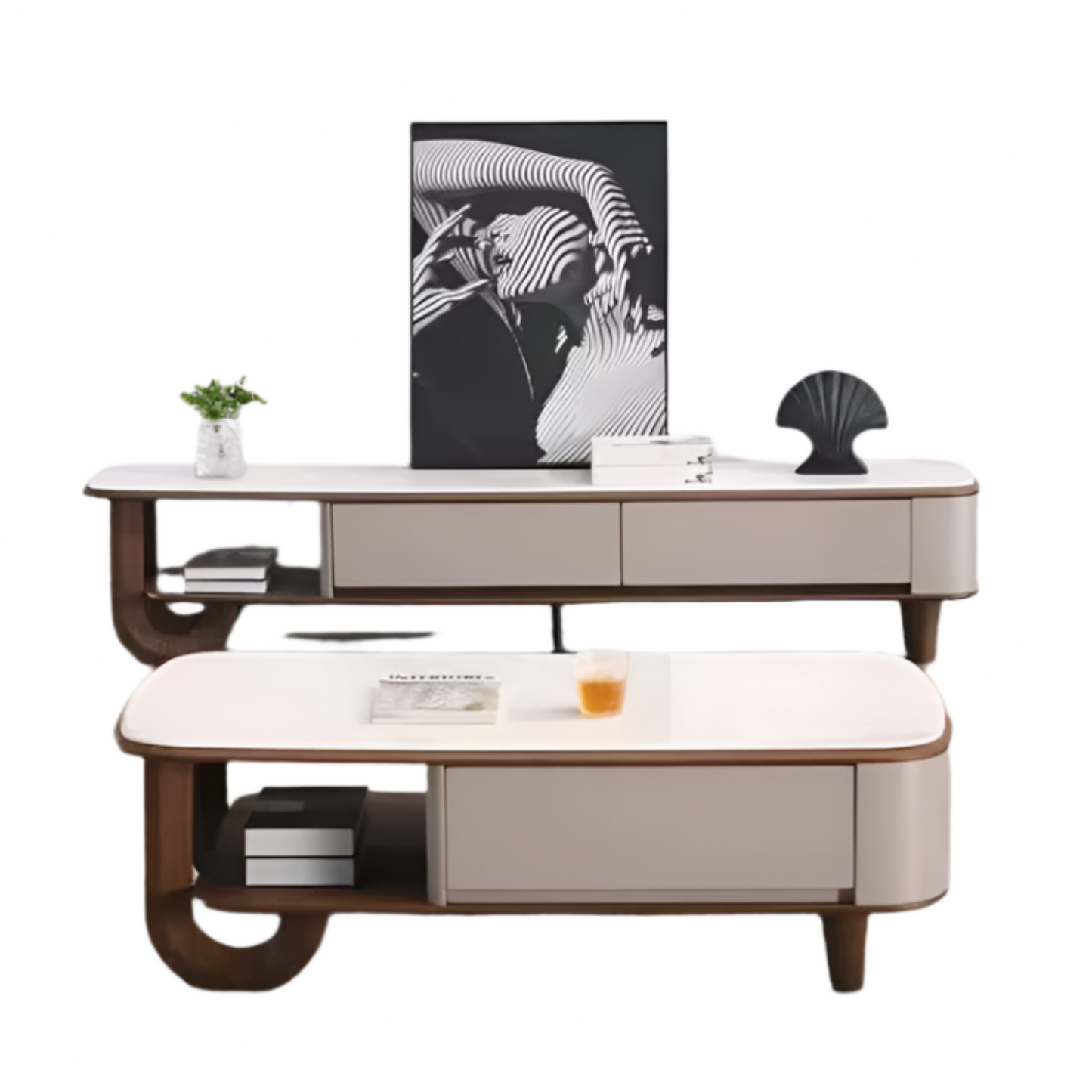 Modern Ivory & Walnut Living Room Set: TV Console + Coffee Table