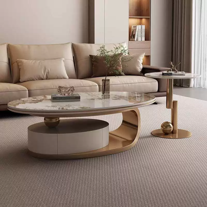 Luxury Oval Coffee Table – Microcrystalline Stone & Walnut Veneer