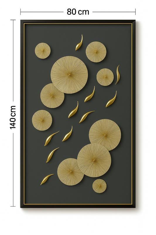Modern Golden Disc & Leaf Wall Art – 140cm x 80cm