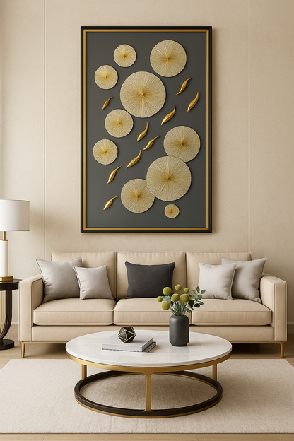 Modern Golden Disc & Leaf Wall Art – 140cm x 80cm