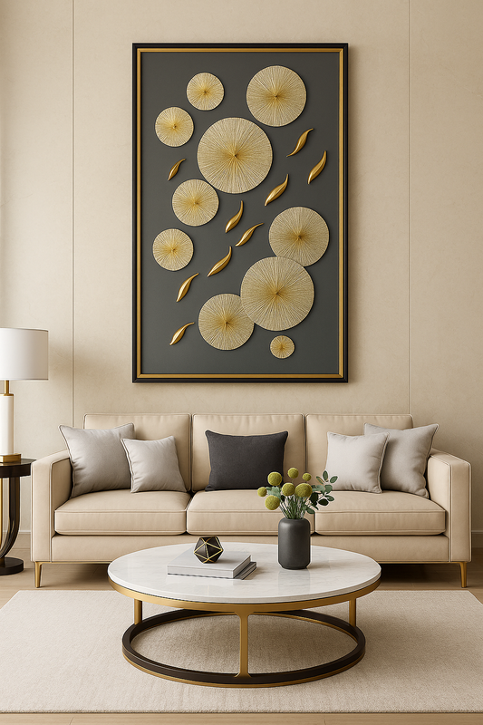 Modern Golden Disc & Leaf Wall Art – 140cm x 80cm