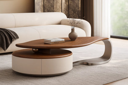 Sculptural Walnut & Beige Dual-Tier Art Coffee Table