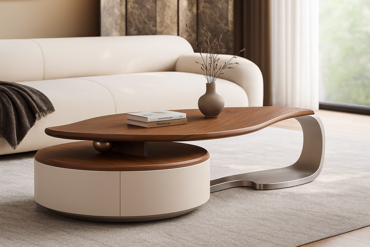Sculptural Walnut & Beige Dual-Tier Art Coffee Table