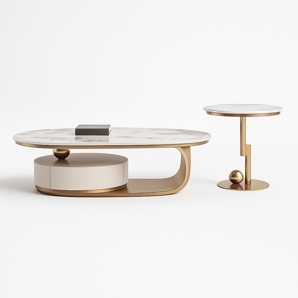 Luxury Oval Coffee Table – Microcrystalline Stone & Walnut Veneer