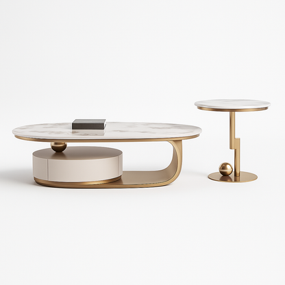 Luxury Oval Coffee Table – Microcrystalline Stone & Walnut Veneer
