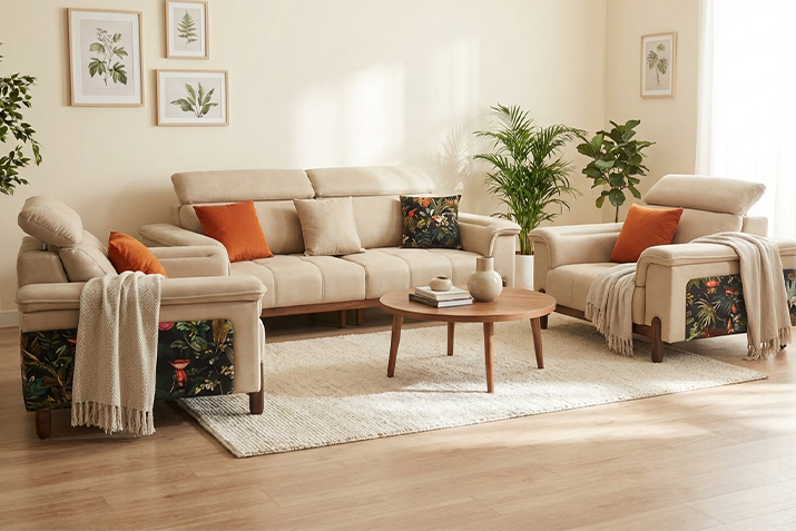 Premium 3+1+1 Wood & Fabric Sofa Set – Comfort, Craftsmanship & Modern Design