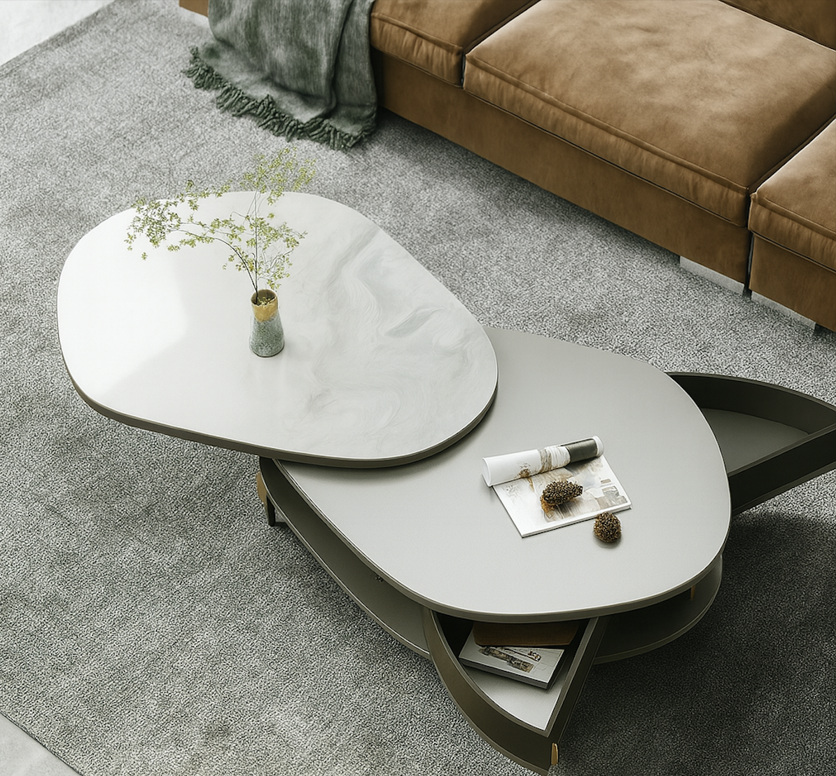 Archeo Oval Mid-Century Marble & Wood Coffee Table