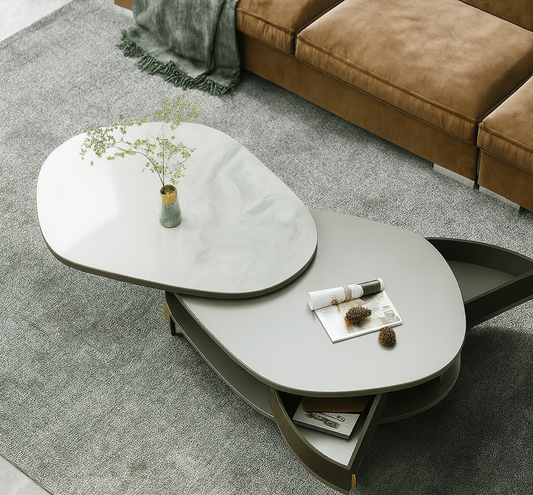 Archeo Oval Mid-Century Marble & Wood Coffee Table