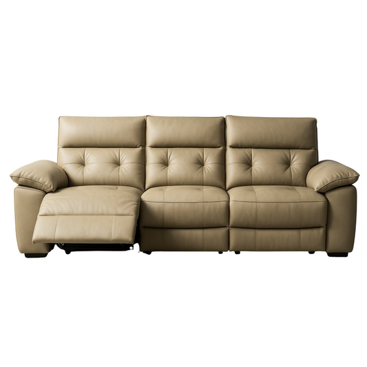 Beige leather reclining sofa on a white background