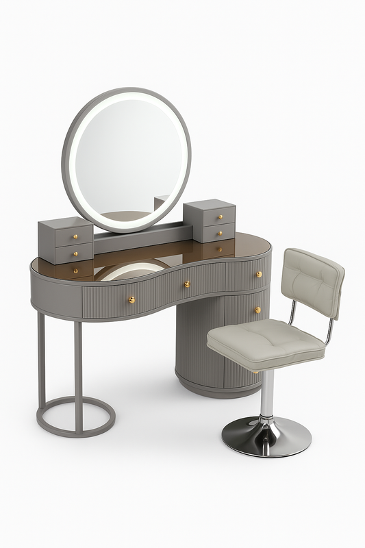 Opulence Vanity Desk with Round LED Mirror & Luxe Storage