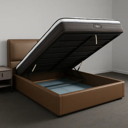 White leather finish storage bed with gas-lift mechanism and clean minimalist style