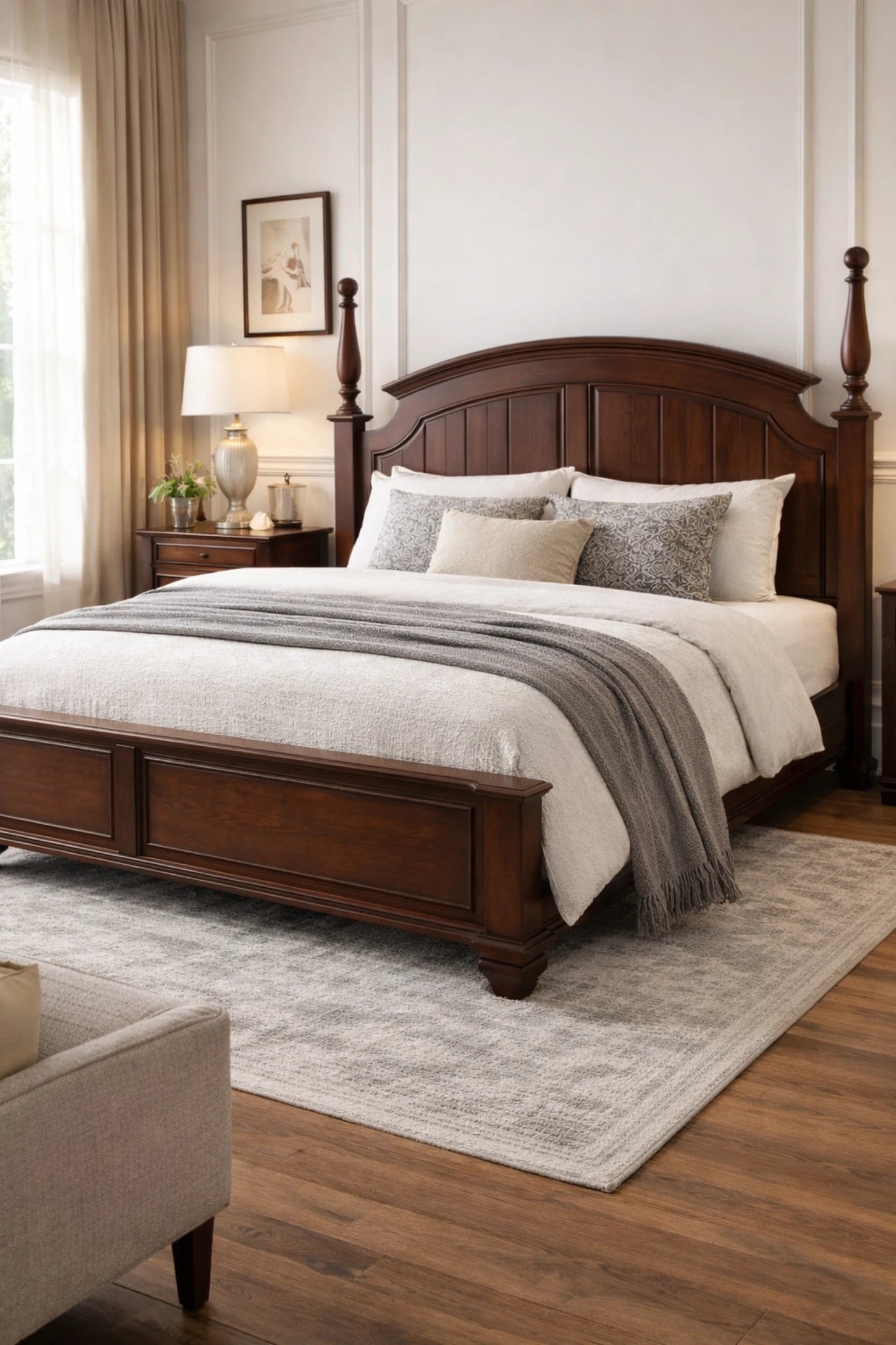 Classic Solid Wood King Bed Frame – Elegant Dark Wooden Bed with Arched Headboard