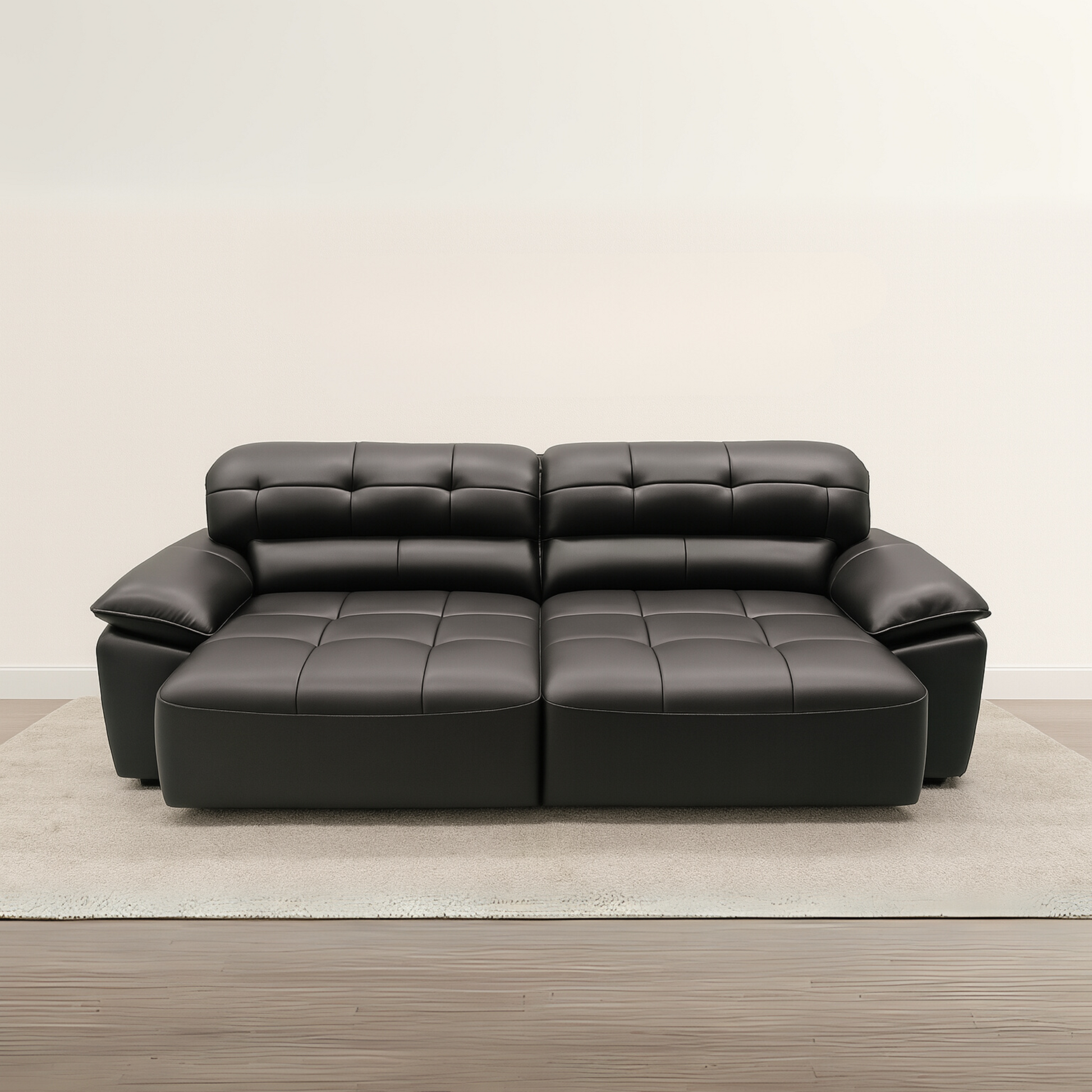 Black leather sectional sofa on a beige carpet with a plain wall background