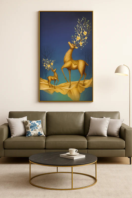Close-up of golden deer detailing with 3D threaded texture