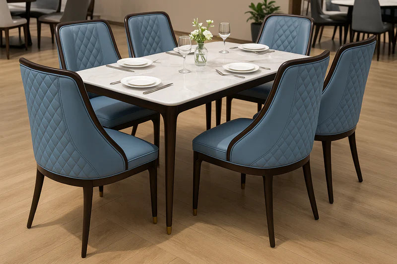 Back view of blue PU leather dining chair featuring full quilted diamond-stitched design and dark wooden frame