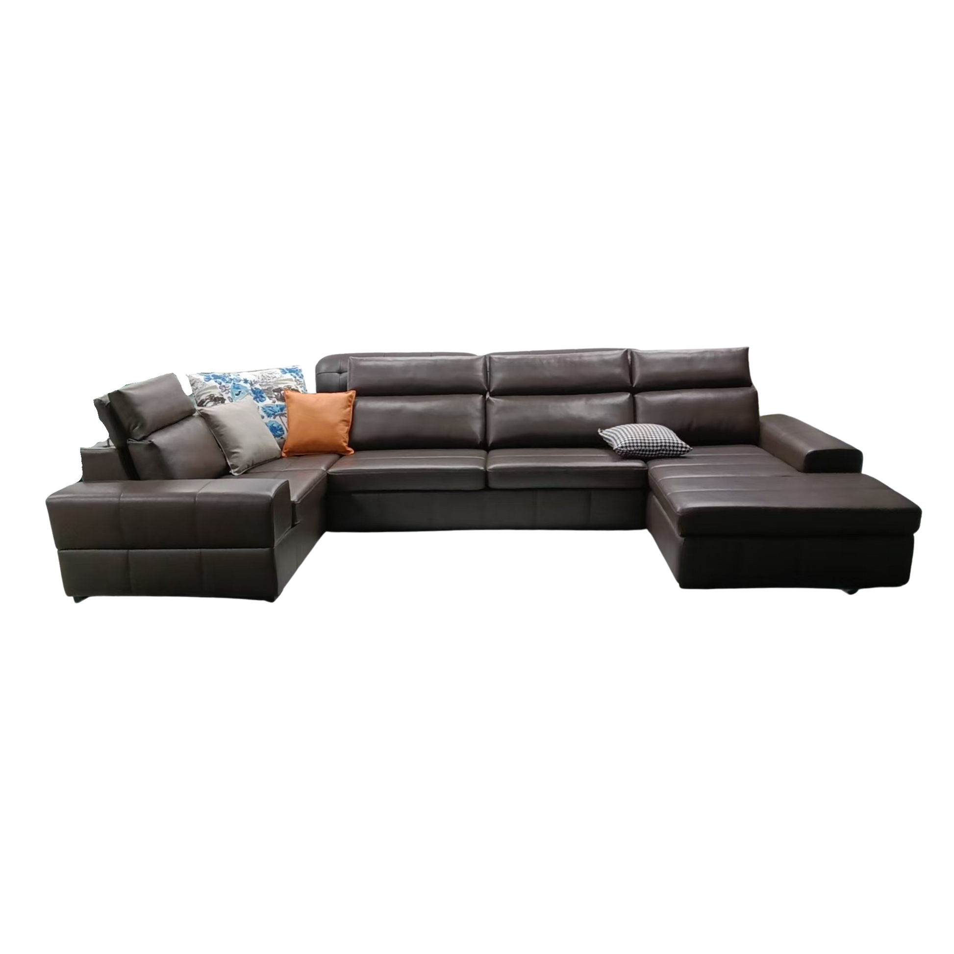 Brown leather sectional sofa with decorative pillows on a white background