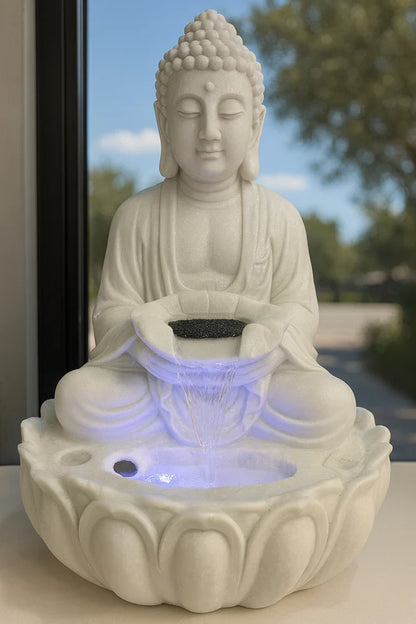 Close-up of Buddha water fountain with lotus bowl and LED light