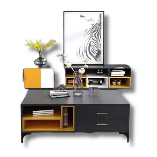 Modern entertainment console with decorative items on a white background