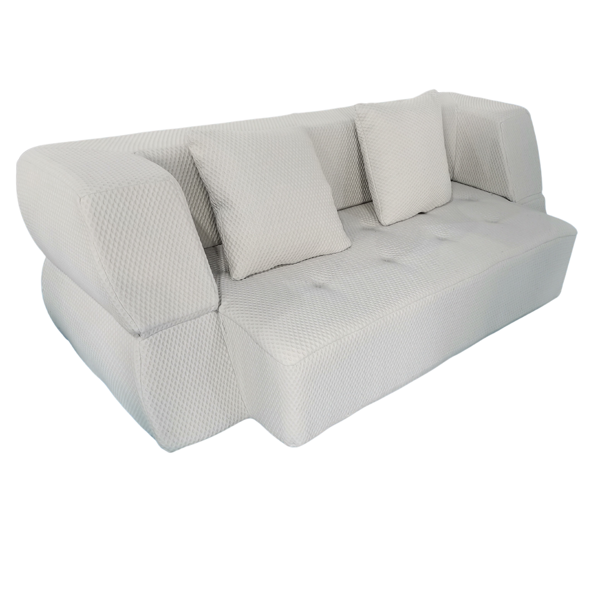 Gray sofa with textured surface and three cushions on a white background