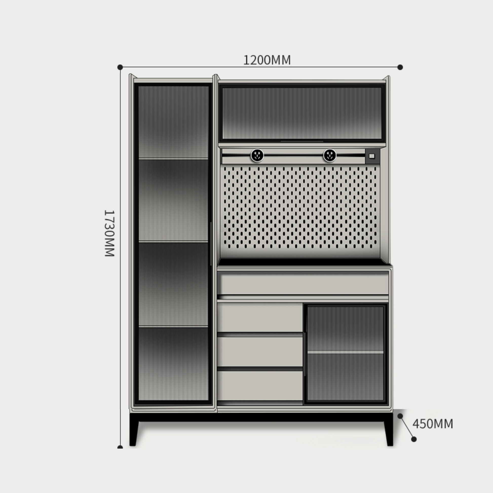 Metallic cabinet with dimensions labeled on a white background