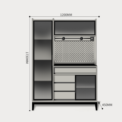 Metallic cabinet with dimensions labeled on a white background