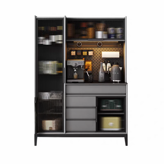 Coffee station with various coffee-making equipment and supplies in a modern cabinet.