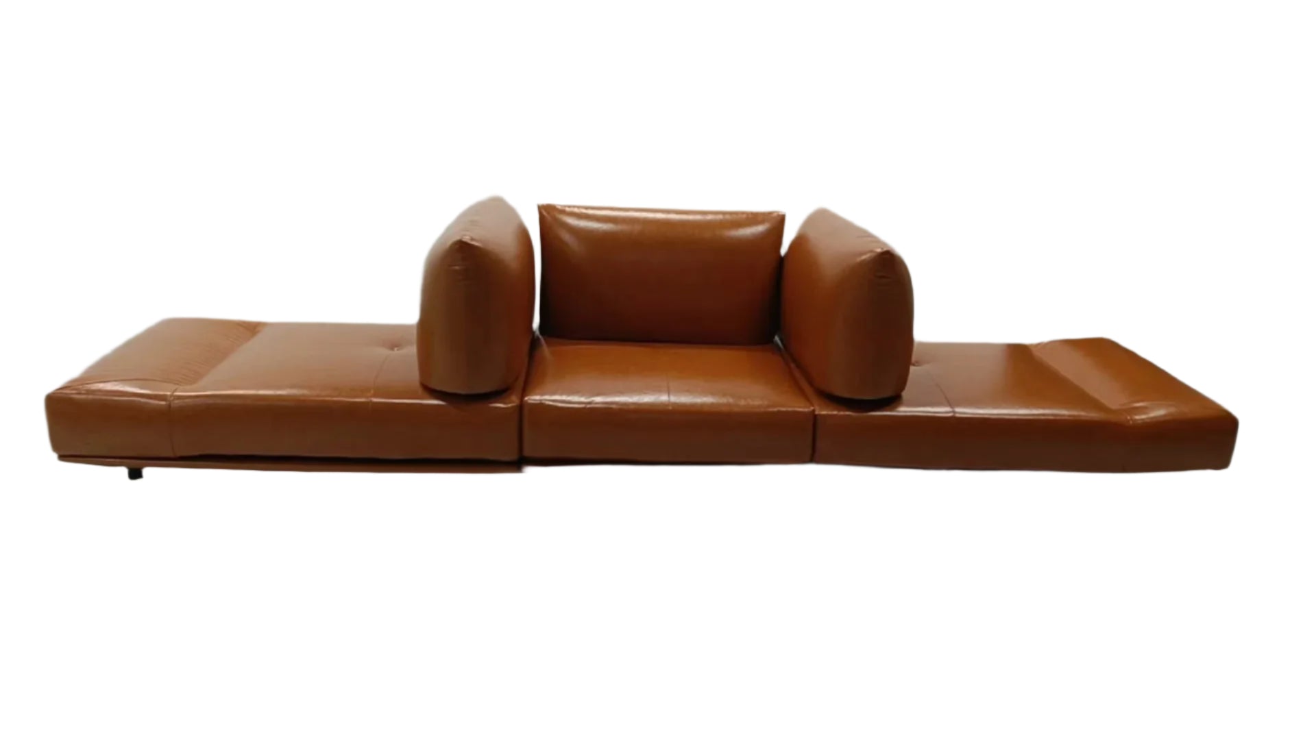 Convertible cognac leather sofa with reclining chaise ends and modular backrests