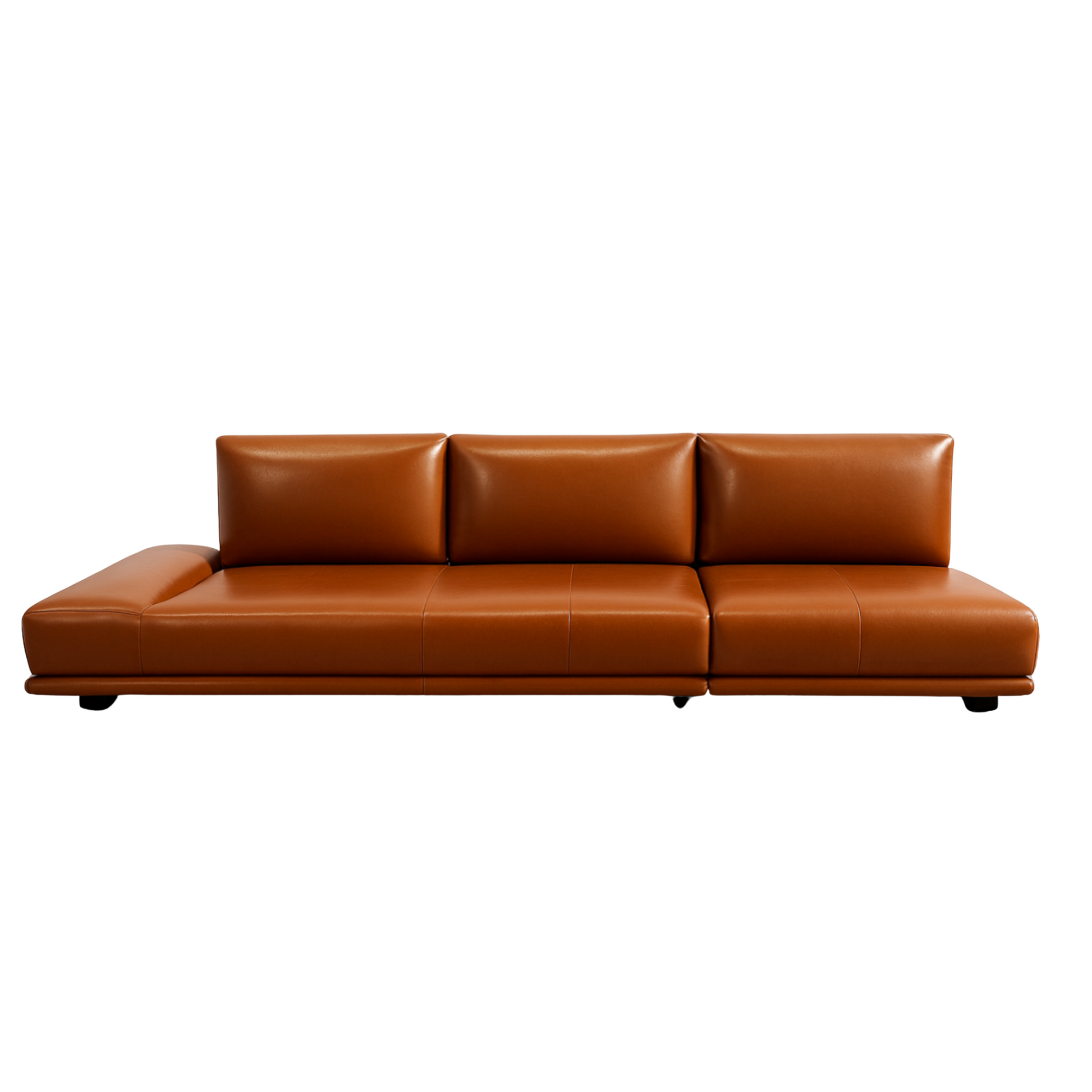 Convertible cognac leather sofa with reclining chaise ends and modular backrests
