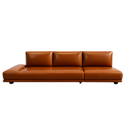 Convertible cognac leather sofa with reclining chaise ends and modular backrests
