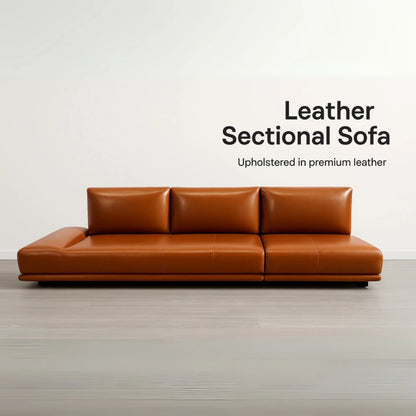 Convertible cognac leather sofa with reclining chaise ends and modular backrests