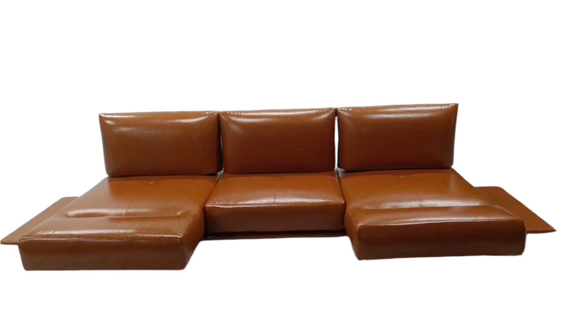 Convertible cognac leather sofa with reclining chaise ends and modular backrests