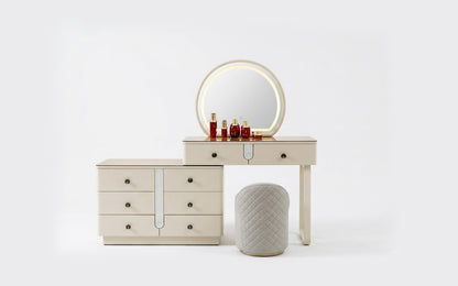 Aurora Taupe Vanity Desk with Oval LED Mirror & Glass Display