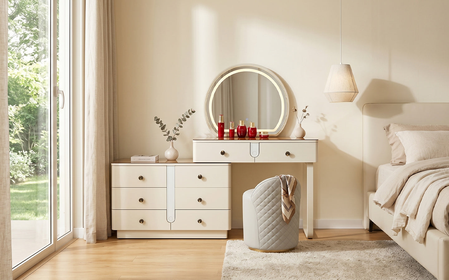 Aurora Taupe Vanity Desk with Oval LED Mirror & Glass Display